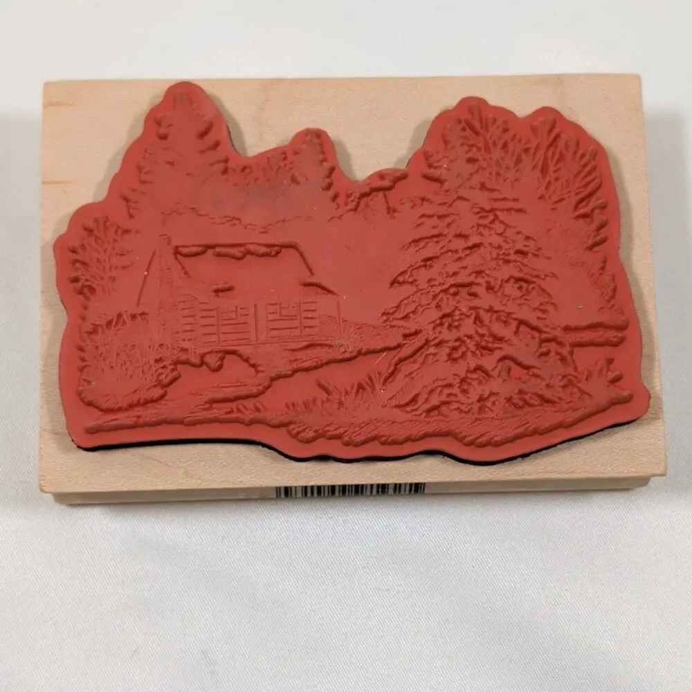 Inkadinkado Winter Log Cabin Snow Scene Wood Mounted Rubber Stamp Trees